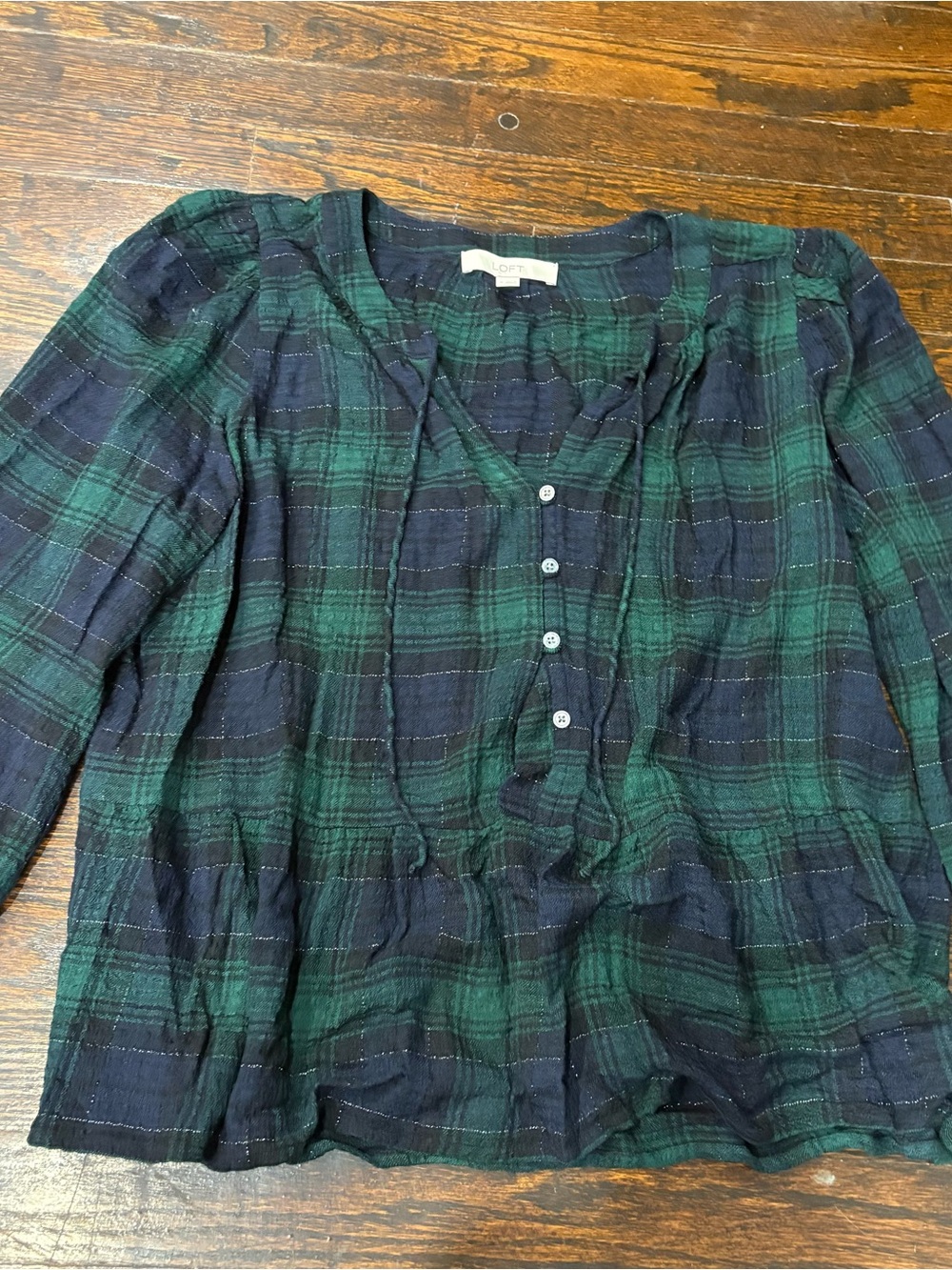 LOFT Green & Navy Plaid Button-Front Peasant Top